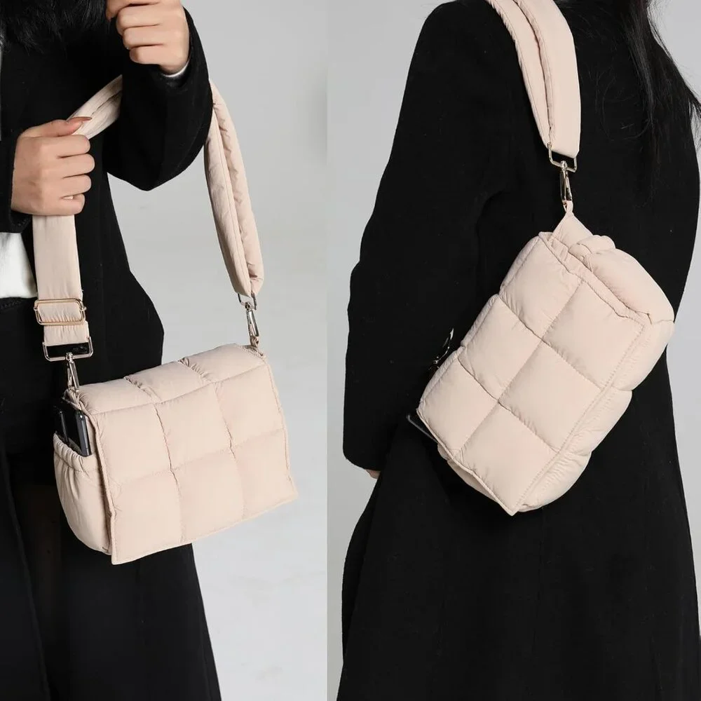 Women's Beige Quilted Puffer Purse Fashion Lightweight Travel Cross Body Handbag - Picture 4 of 6